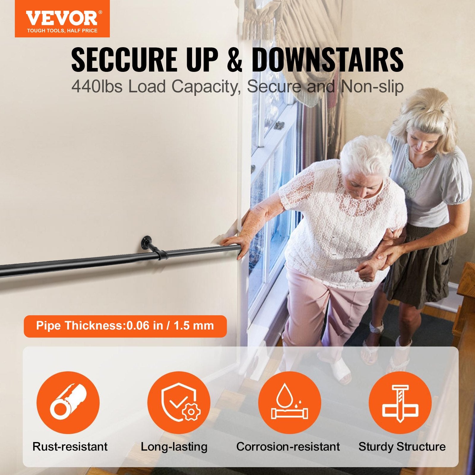 Pipe Stair Handrail, 1.8m Staircase Handrail, 200KG Load Capacity Carbon Steel Pipe Handrail, Industrial Pipe Handrail with Wall Mount Support, Round Corner Wall Handrailings for Indoor, Outdoor - Image 2
