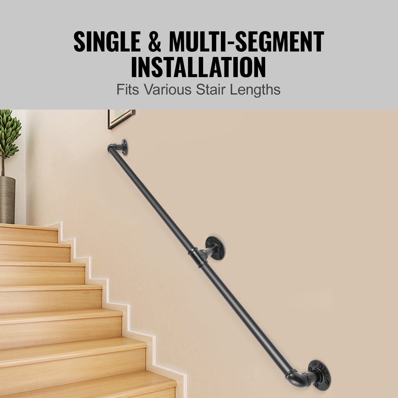 Pipe Stair Handrail, 1.8m Staircase Handrail, 200KG Load Capacity Carbon Steel Pipe Handrail, Industrial Pipe Handrail with Wall Mount Support, Round Corner Wall Handrailings for Indoor, Outdoor - Image 4
