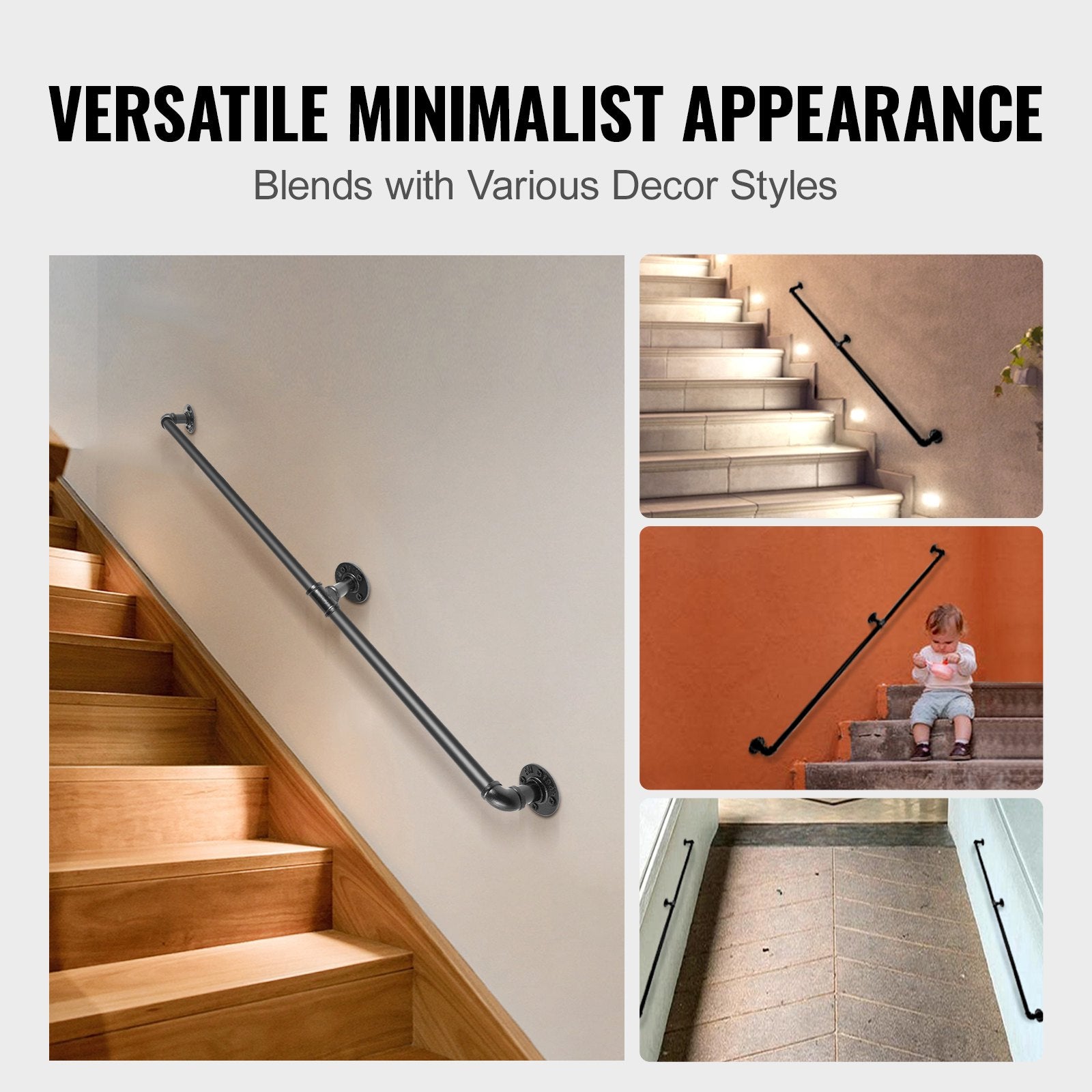 Pipe Stair Handrail, 1.8m Staircase Handrail, 200KG Load Capacity Carbon Steel Pipe Handrail, Industrial Pipe Handrail with Wall Mount Support, Round Corner Wall Handrailings for Indoor, Outdoor - Image 6