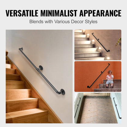 Pipe Stair Handrail, 1.8m Staircase Handrail, 200KG Load Capacity Carbon Steel Pipe Handrail, Industrial Pipe Handrail with Wall Mount Support, Round Corner Wall Handrailings for Indoor, Outdoor - Image 6