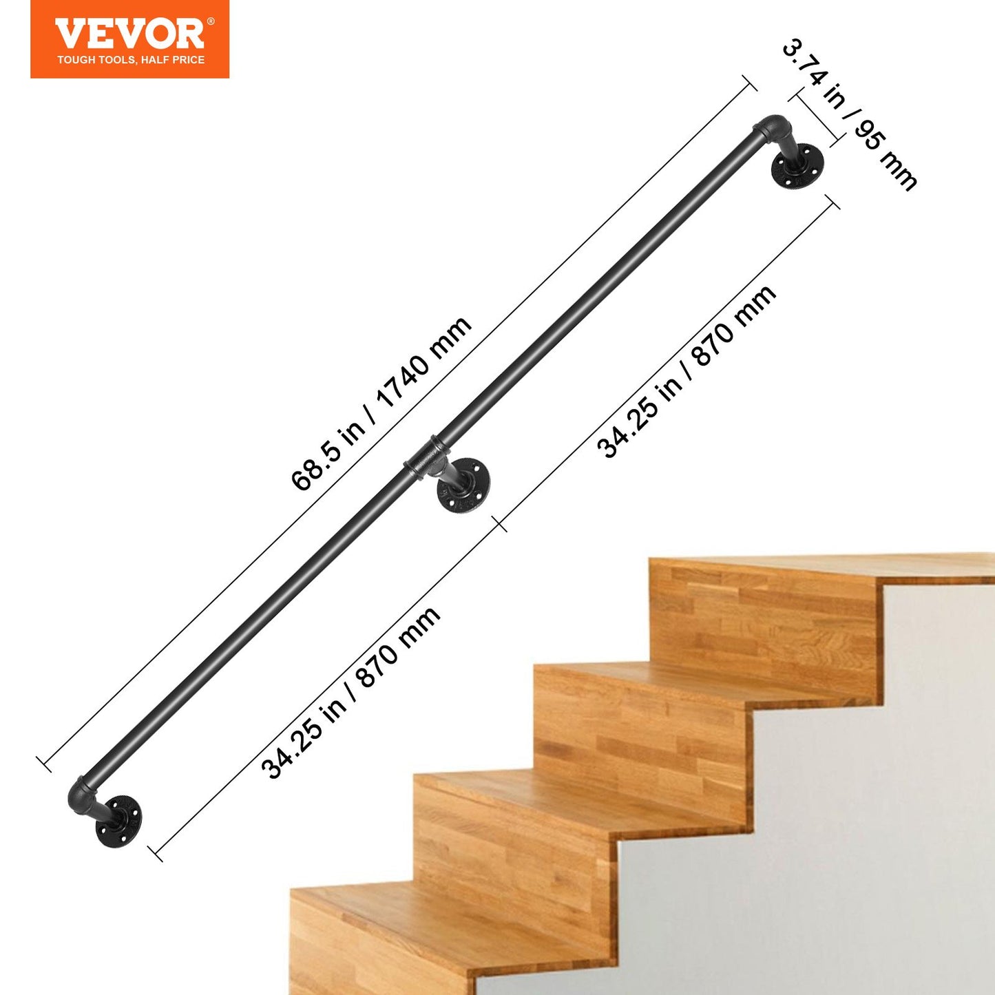 Pipe Stair Handrail, 1.8m Staircase Handrail, 200KG Load Capacity Carbon Steel Pipe Handrail, Industrial Pipe Handrail with Wall Mount Support, Round Corner Wall Handrailings for Indoor, Outdoor - Image 7