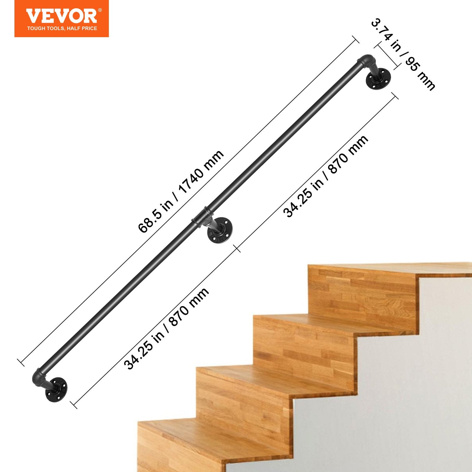 Pipe Stair Handrail, 1.8m Staircase Handrail, 200KG Load Capacity Carbon Steel Pipe Handrail, Industrial Pipe Handrail with Wall Mount Support, Round Corner Wall Handrailings for Indoor, Outdoor - Image 7