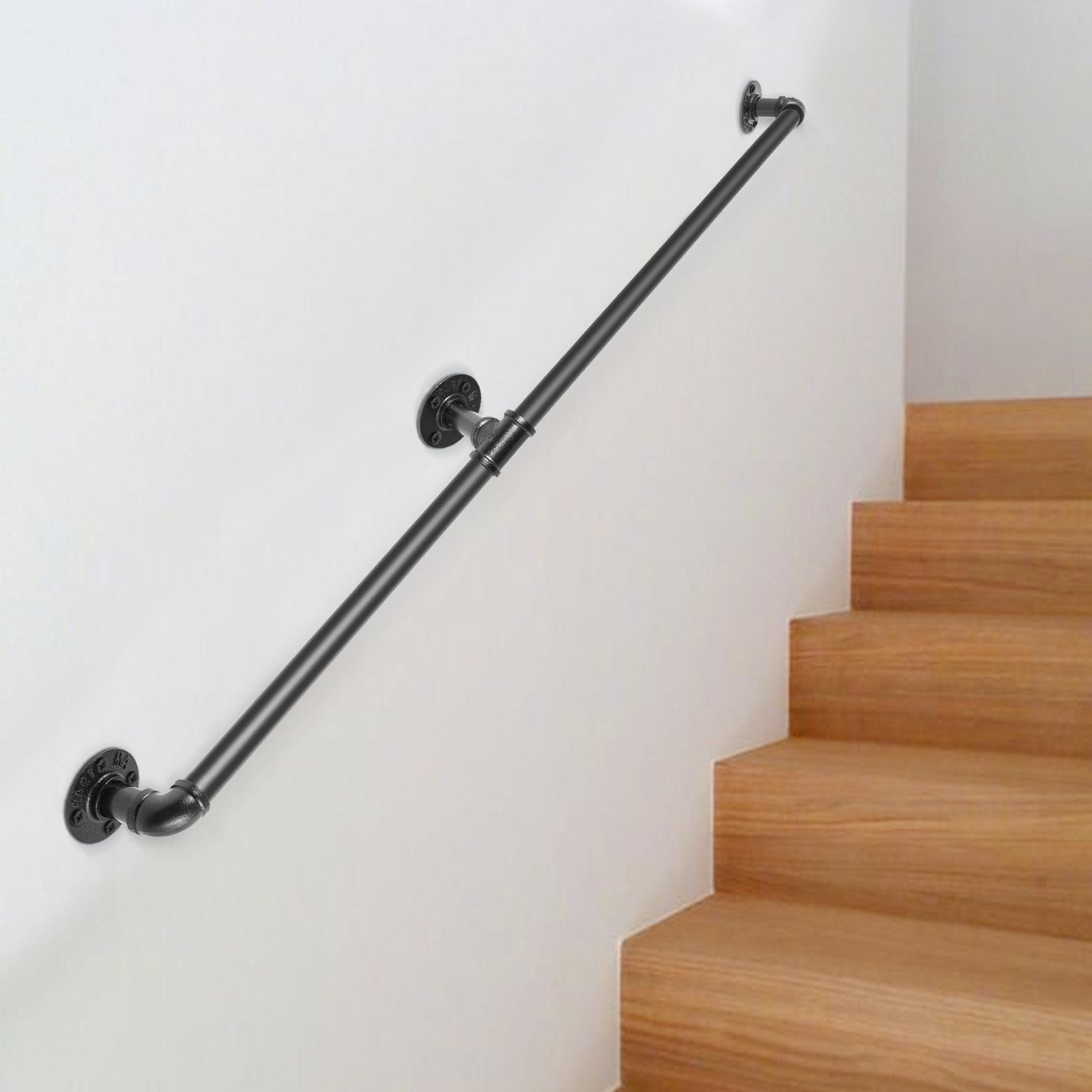 Pipe Stair Handrail, 1.8m Staircase Handrail, 200KG Load Capacity Carbon Steel Pipe Handrail, Industrial Pipe Handrail with Wall Mount Support, Round Corner Wall Handrailings for Indoor, Outdoor - Image 8