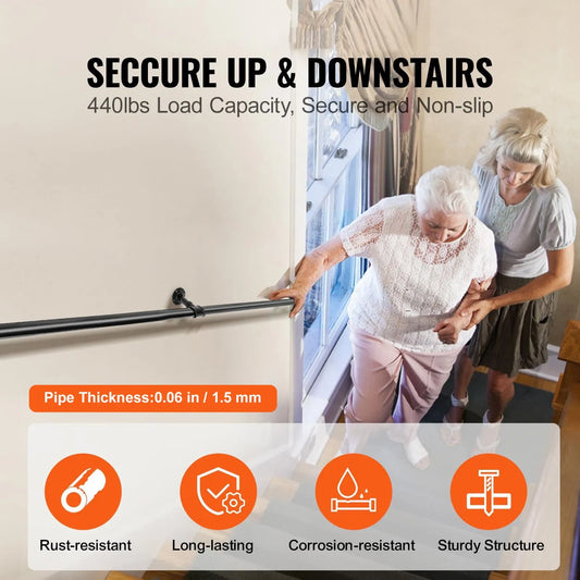 Pipe Stair Handrail, 7FT Staircase Handrail, 440LBS Load Capacity Carbon Steel Pipe Handrail, Industrial Pipe Handrail with Wall Mount Support, Round Corner Wall Handrailings for Indoor, Outdoor - Image 2