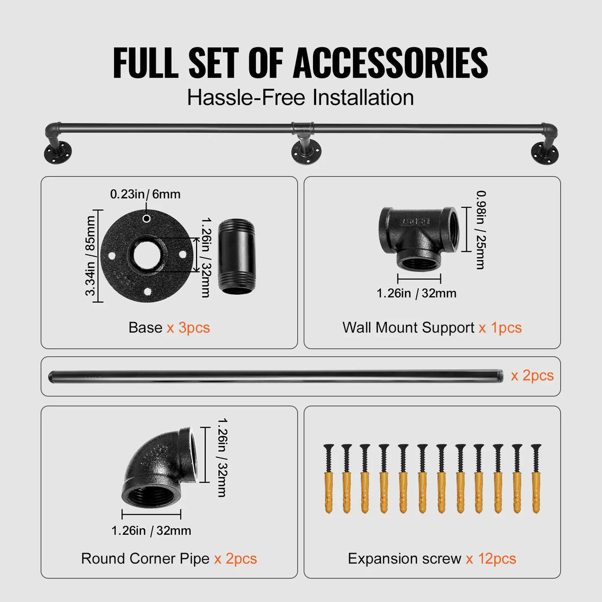 Pipe Stair Handrail, 7FT Staircase Handrail, 440LBS Load Capacity Carbon Steel Pipe Handrail, Industrial Pipe Handrail with Wall Mount Support, Round Corner Wall Handrailings for Indoor, Outdoor - Image 3