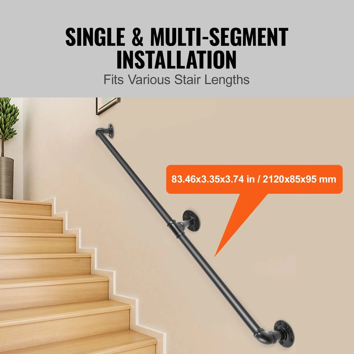 Pipe Stair Handrail, 7FT Staircase Handrail, 440LBS Load Capacity Carbon Steel Pipe Handrail, Industrial Pipe Handrail with Wall Mount Support, Round Corner Wall Handrailings for Indoor, Outdoor - Image 4
