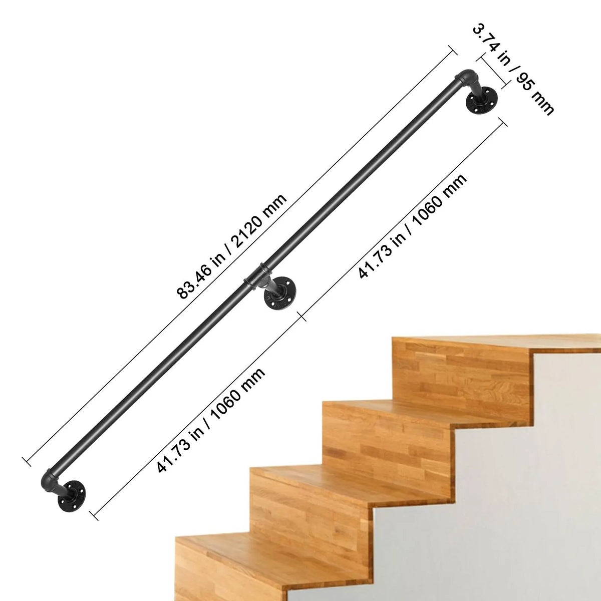 Pipe Stair Handrail, 7FT Staircase Handrail, 440LBS Load Capacity Carbon Steel Pipe Handrail, Industrial Pipe Handrail with Wall Mount Support, Round Corner Wall Handrailings for Indoor, Outdoor - Image 7
