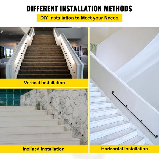 Pipe Stair Handrail, 9FT Staircase Handrail, 440LBS Load Capacity Carbon Steel Pipe Handrail, Industrial Pipe Handrail with Wall Mount Support, Round Corner Wall Handrailings for Indoor, Outdoor - Image 6