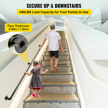 Pipe Stair Handrail, 9FT Staircase Handrail, 440LBS Load Capacity Carbon Steel Pipe Handrail, Industrial Pipe Handrail with Wall Mount Support, Round Corner Wall Handrailings for Indoor, Outdoor - Image 2