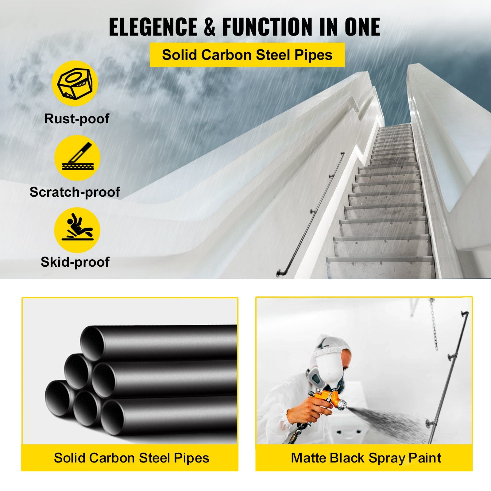 Pipe Stair Handrail, 9FT Staircase Handrail, 440LBS Load Capacity Carbon Steel Pipe Handrail, Industrial Pipe Handrail with Wall Mount Support, Round Corner Wall Handrailings for Indoor, Outdoor - Image 3