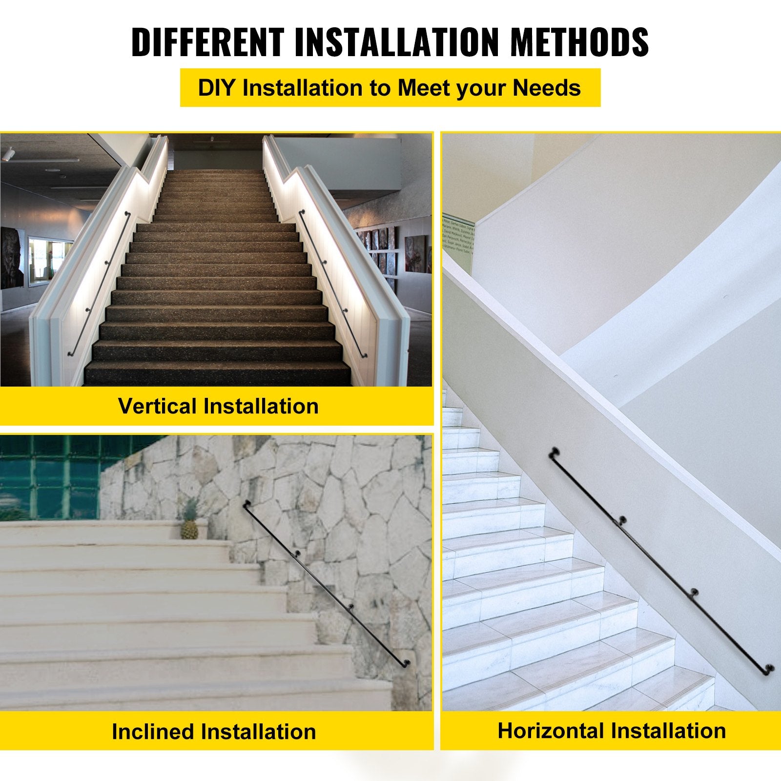 Pipe Stair Handrail, 9FT Staircase Handrail, 440LBS Load Capacity Carbon Steel Pipe Handrail, Industrial Pipe Handrail with Wall Mount Support, Round Corner Wall Handrailings for Indoor, Outdoor - Image 6