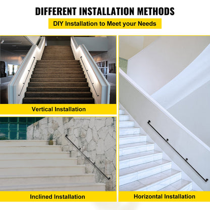 Pipe Stair Handrail, 9FT Staircase Handrail, 440LBS Load Capacity Carbon Steel Pipe Handrail, Industrial Pipe Handrail with Wall Mount Support, Round Corner Wall Handrailings for Indoor, Outdoor - Image 6