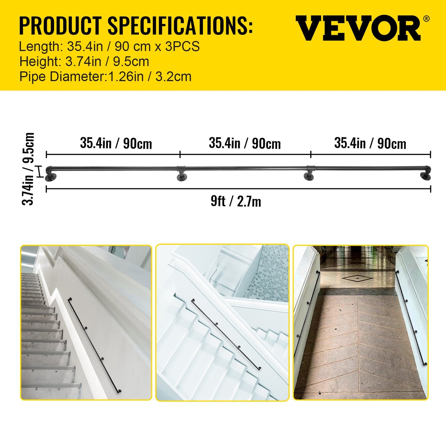Pipe Stair Handrail, 9FT Staircase Handrail, 440LBS Load Capacity Carbon Steel Pipe Handrail, Industrial Pipe Handrail with Wall Mount Support, Round Corner Wall Handrailings for Indoor, Outdoor - Image 7