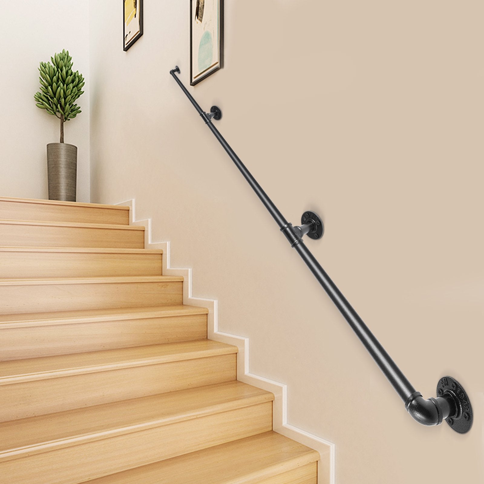 Pipe Stair Handrail, 9FT Staircase Handrail, 440LBS Load Capacity Carbon Steel Pipe Handrail, Industrial Pipe Handrail with Wall Mount Support, Round Corner Wall Handrailings for Indoor, Outdoor - Image 8