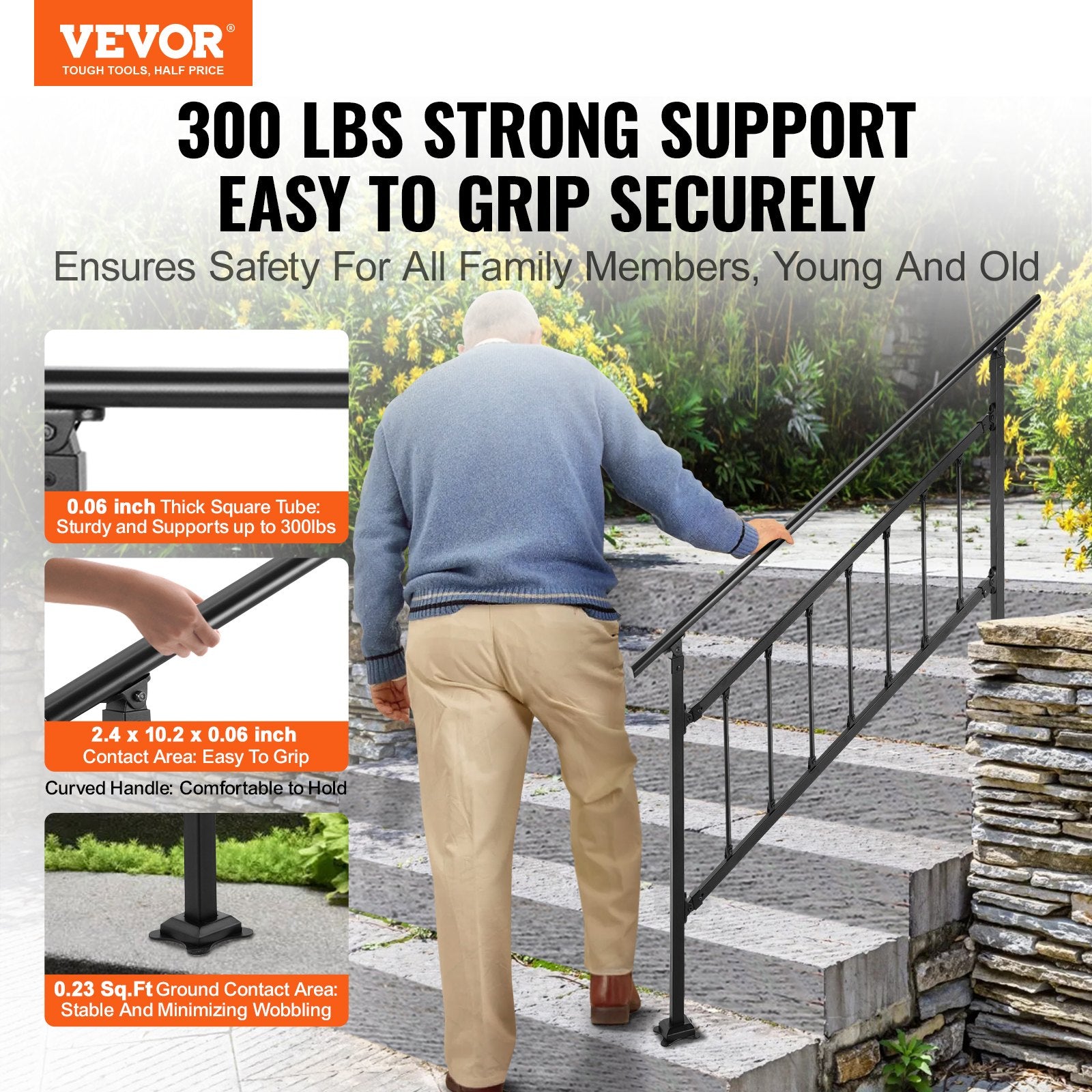 Iron Handrail Stair Railing Hand Rail Kit 1-4 Steps Outdoor Black w/ Bars - Image 2