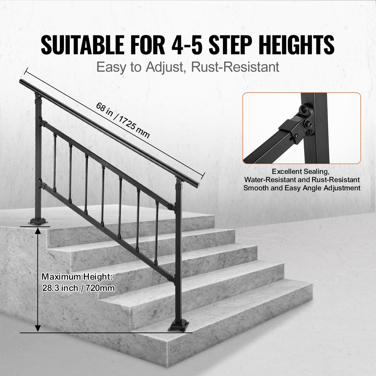 Iron Handrail Stair Railing Hand Rail Kit 1-4 Steps Outdoor Black w/ Bars - Image 3