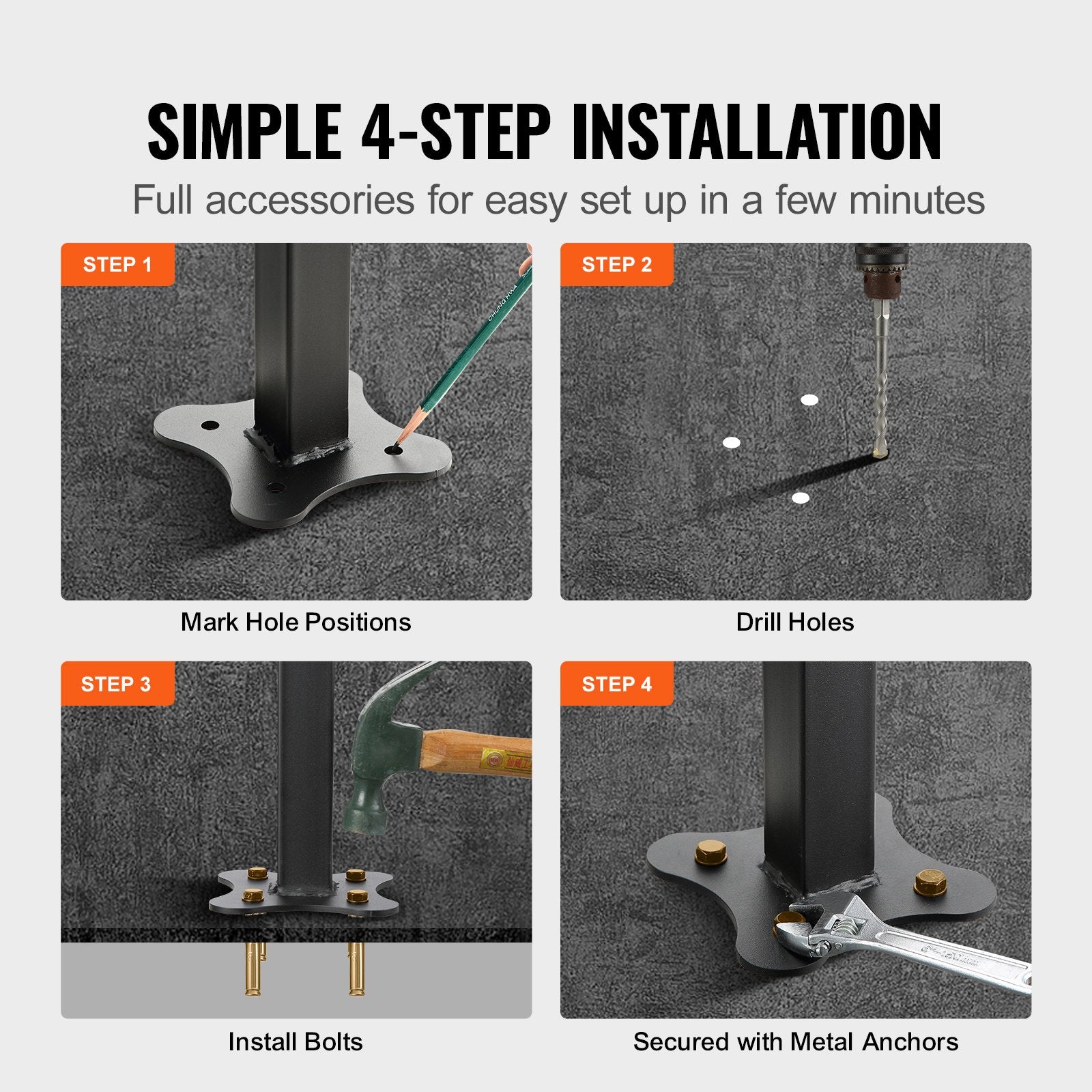 Iron Handrail Stair Railing Hand Rail Kit 1-4 Steps Outdoor Black w/ Bars - Image 4