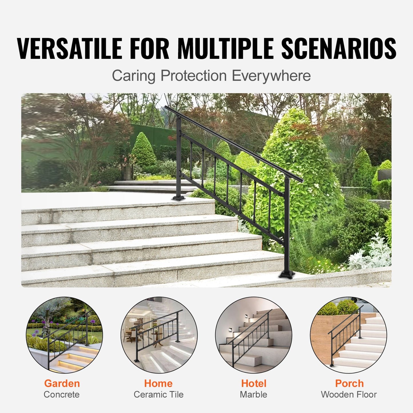 Iron Handrail Stair Railing Hand Rail Kit 1-4 Steps Outdoor Black w/ Bars - Image 5