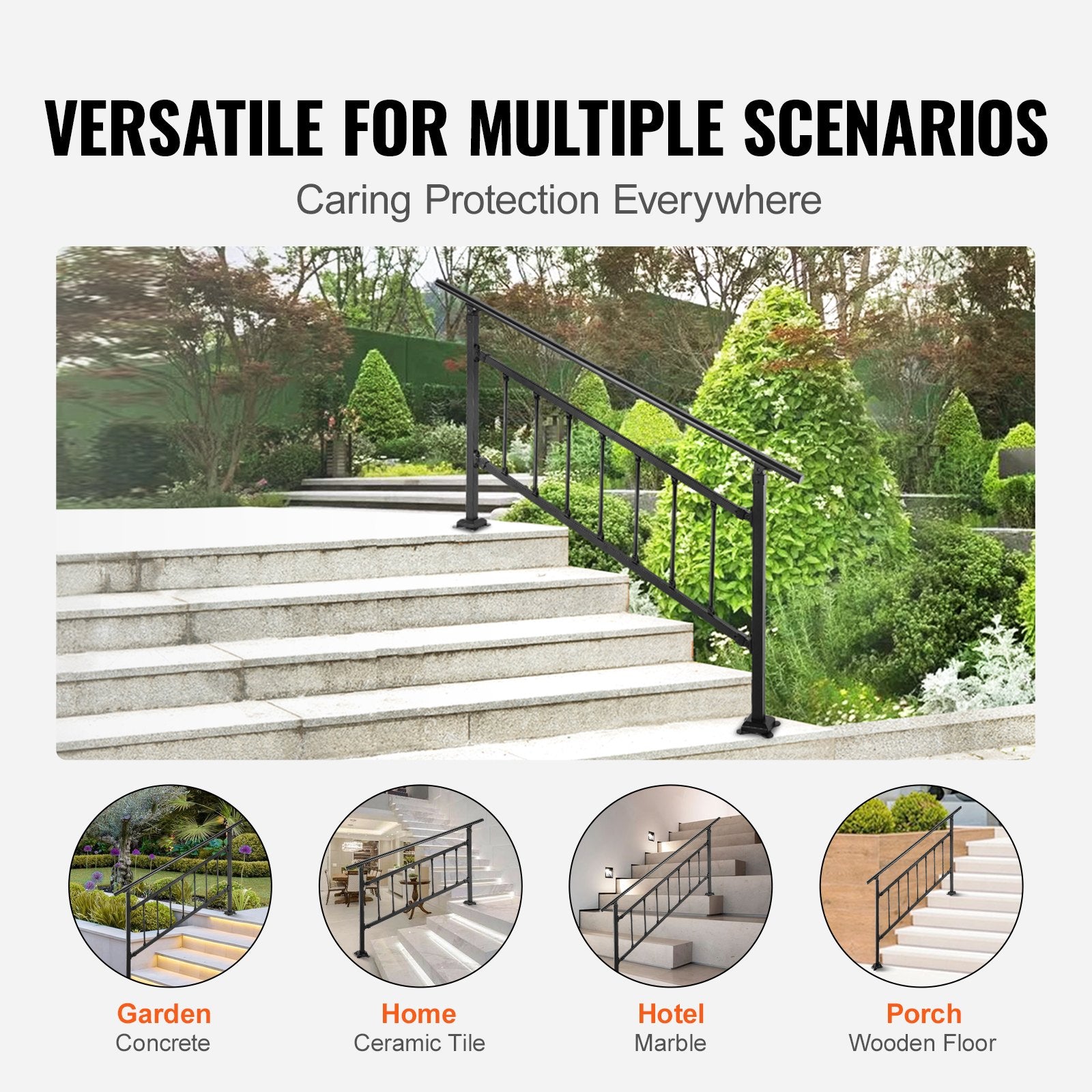 Iron Handrail Stair Railing Hand Rail Kit 1-4 Steps Outdoor Black w/ Bars - Image 5