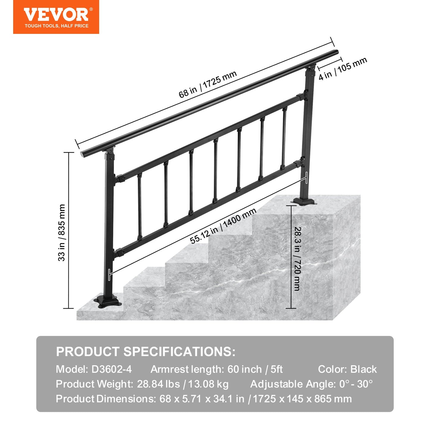 Iron Handrail Stair Railing Hand Rail Kit 1-4 Steps Outdoor Black w/ Bars - Image 7