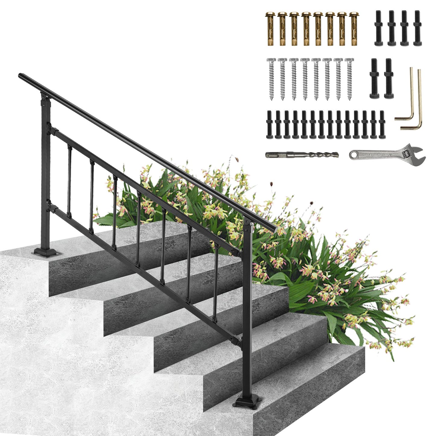 Iron Handrail Stair Railing Hand Rail Kit 1-4 Steps Outdoor Black w/ Bars - Image 9
