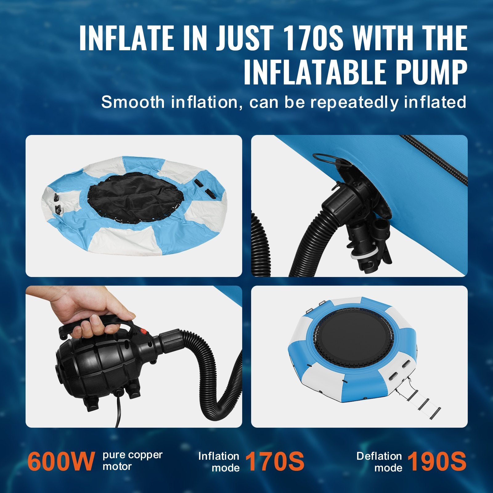 Inflatable Water Bouncer, 10ft Recreational Water Trampoline, Portable Bounce Swim Platform with Slide, 3-Step Ladder & Electric Air Pump, Kid Adult Floating Rebounder for Pool Lake Water Sports - Image 4