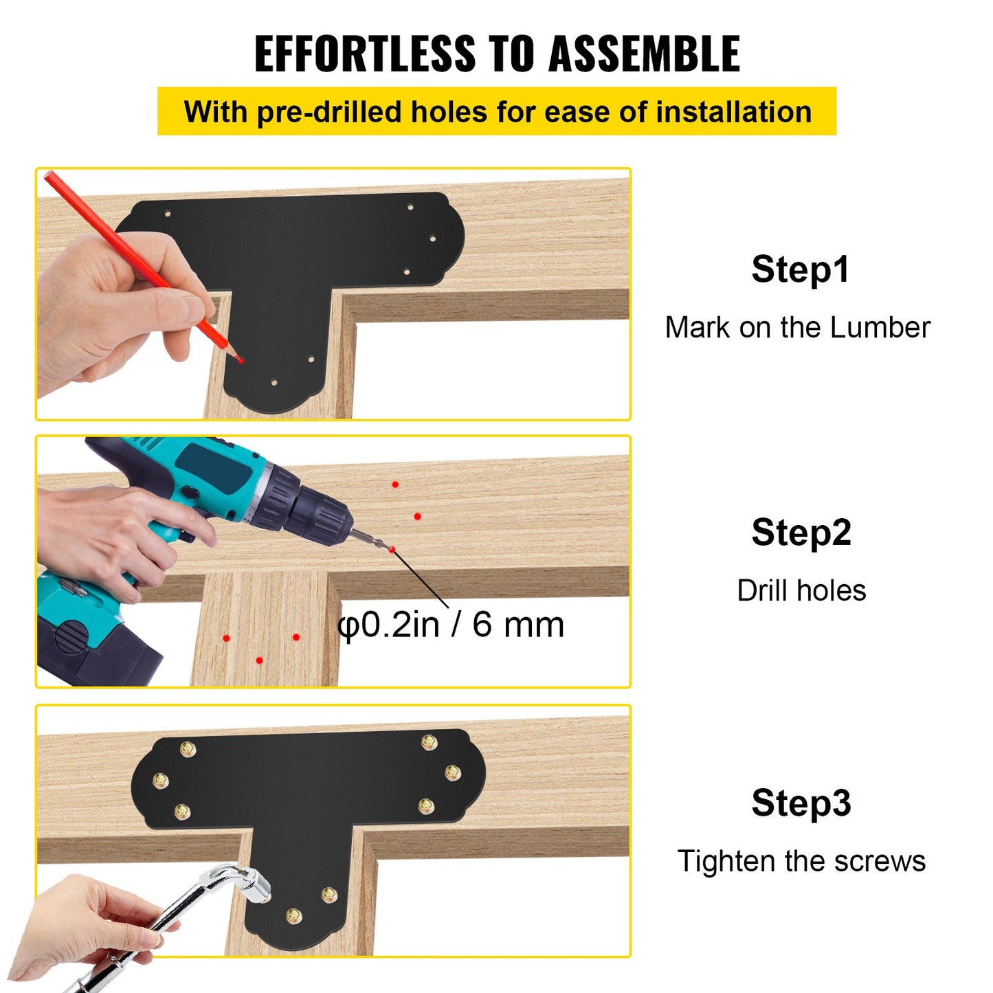 Black T Mending Plate T-shape 8 PCs 6" Flat Connector Post to Beam Bracket - Image 6