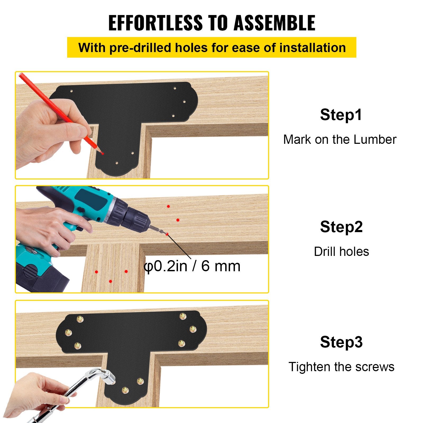 Black T Mending Plate T-shape 8 PCs 6" Flat Connector Post to Beam Bracket - Image 6