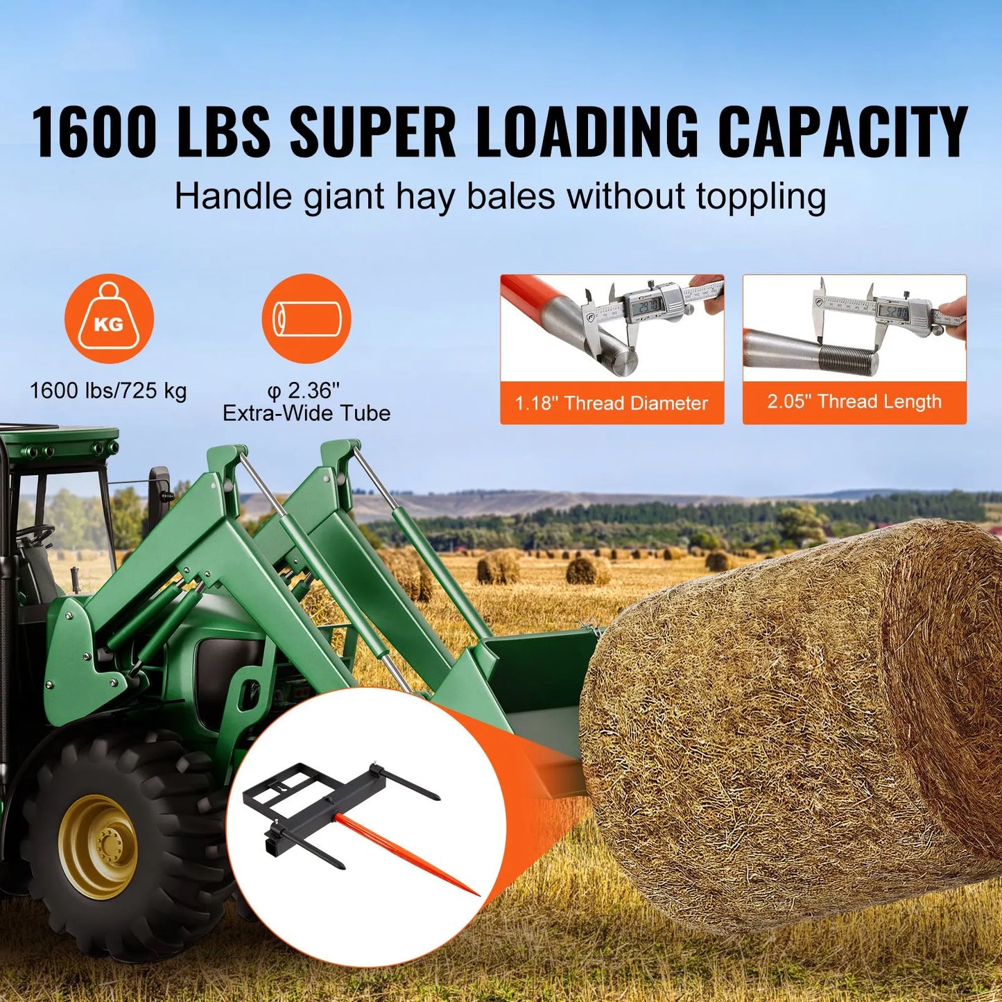 39" Hay Spear, Bale Spears 726kg Loading Capacity, Skid Steer Loader Tractor Bucket Attachment with 2pcs 17.5" Stabilizer Spears and 60" Chain, Quick Attach Spike Forks - Image 2
