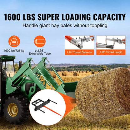39" Hay Spear, Bale Spears 726kg Loading Capacity, Skid Steer Loader Tractor Bucket Attachment with 2pcs 17.5" Stabilizer Spears and 60" Chain, Quick Attach Spike Forks - Image 2