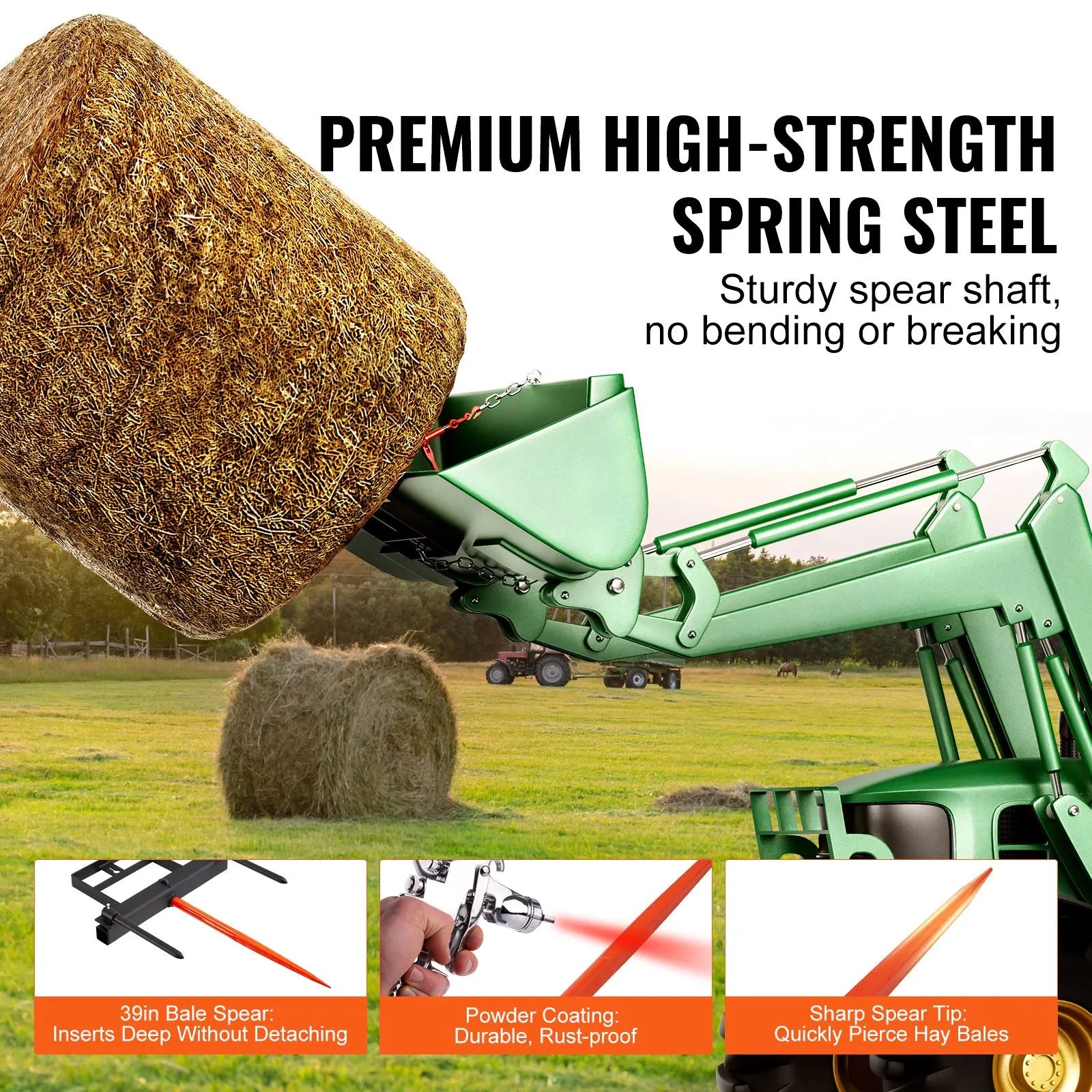 39" Hay Spear, Bale Spears 726kg Loading Capacity, Skid Steer Loader Tractor Bucket Attachment with 2pcs 17.5" Stabilizer Spears and 60" Chain, Quick Attach Spike Forks - Image 3