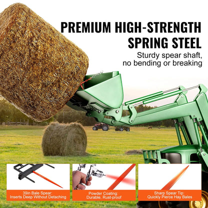 39" Hay Spear, Bale Spears 726kg Loading Capacity, Skid Steer Loader Tractor Bucket Attachment with 2pcs 17.5" Stabilizer Spears and 60" Chain, Quick Attach Spike Forks - Image 3