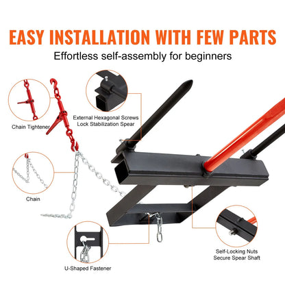39" Hay Spear, Bale Spears 726kg Loading Capacity, Skid Steer Loader Tractor Bucket Attachment with 2pcs 17.5" Stabilizer Spears and 60" Chain, Quick Attach Spike Forks - Image 5