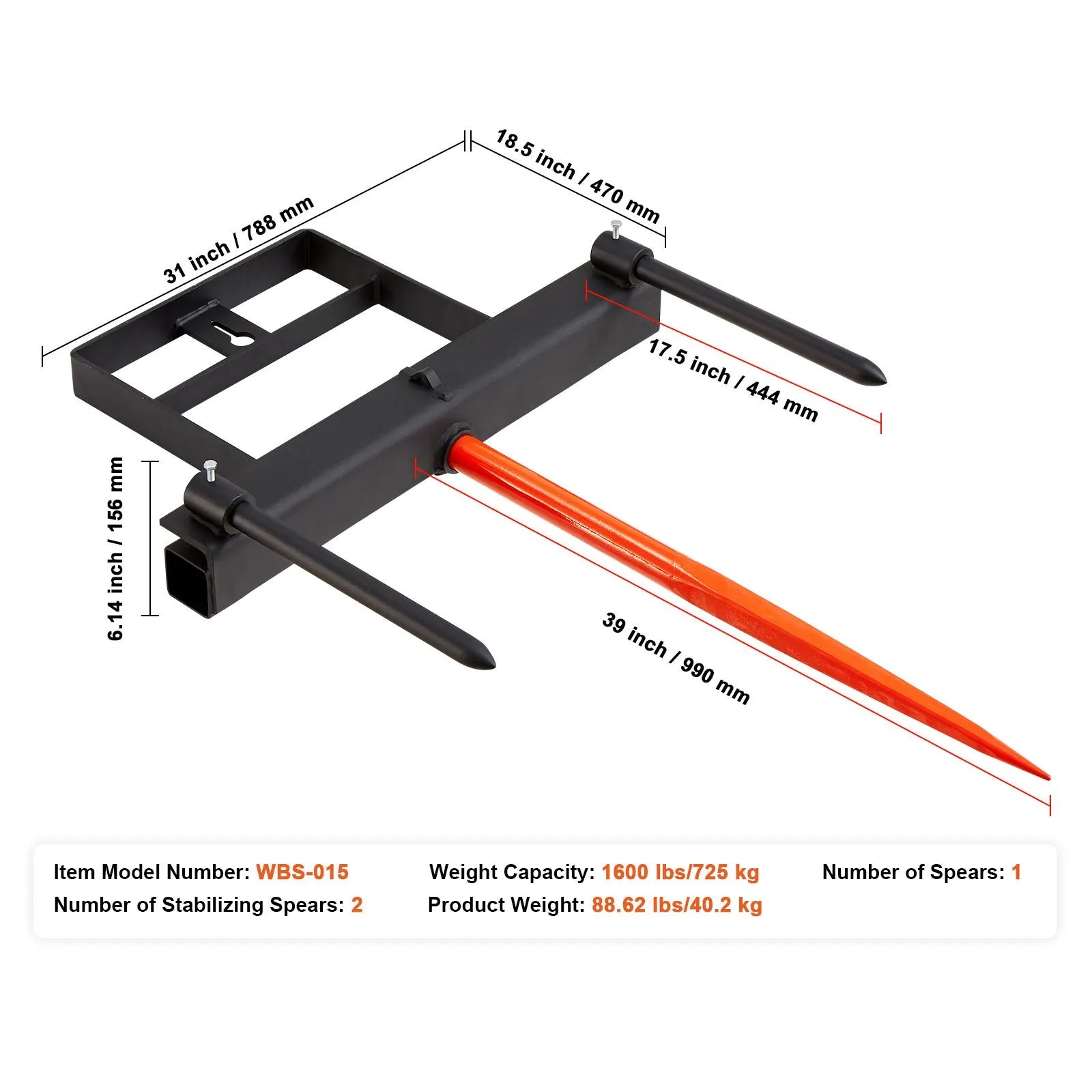39" Hay Spear, Bale Spears 726kg Loading Capacity, Skid Steer Loader Tractor Bucket Attachment with 2pcs 17.5" Stabilizer Spears and 60" Chain, Quick Attach Spike Forks - Image 7