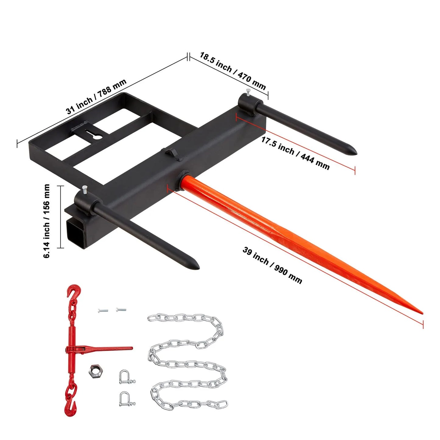 39" Hay Spear, Bale Spears 726kg Loading Capacity, Skid Steer Loader Tractor Bucket Attachment with 2pcs 17.5" Stabilizer Spears and 60" Chain, Quick Attach Spike Forks - Image 8
