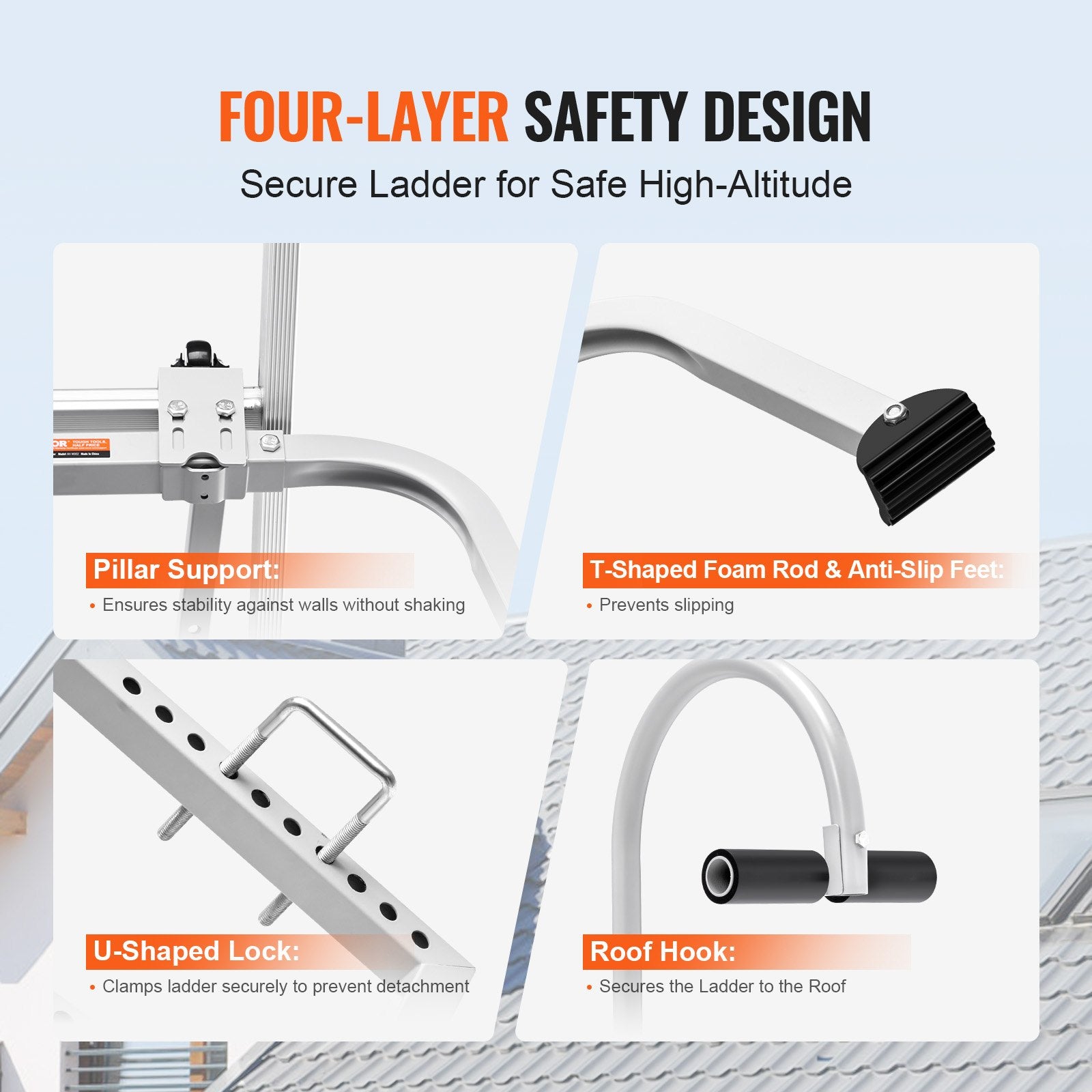 Ladder Stabilizer, 2 in 1 Extension Wall Ladder Standoff Hook, Roof Ridge Ladder Accessories Both Horizontally and Vertically, Heavy-duty Steel Rubber Grip T-Bar, Quick Access to Steep Roofs - Image 3