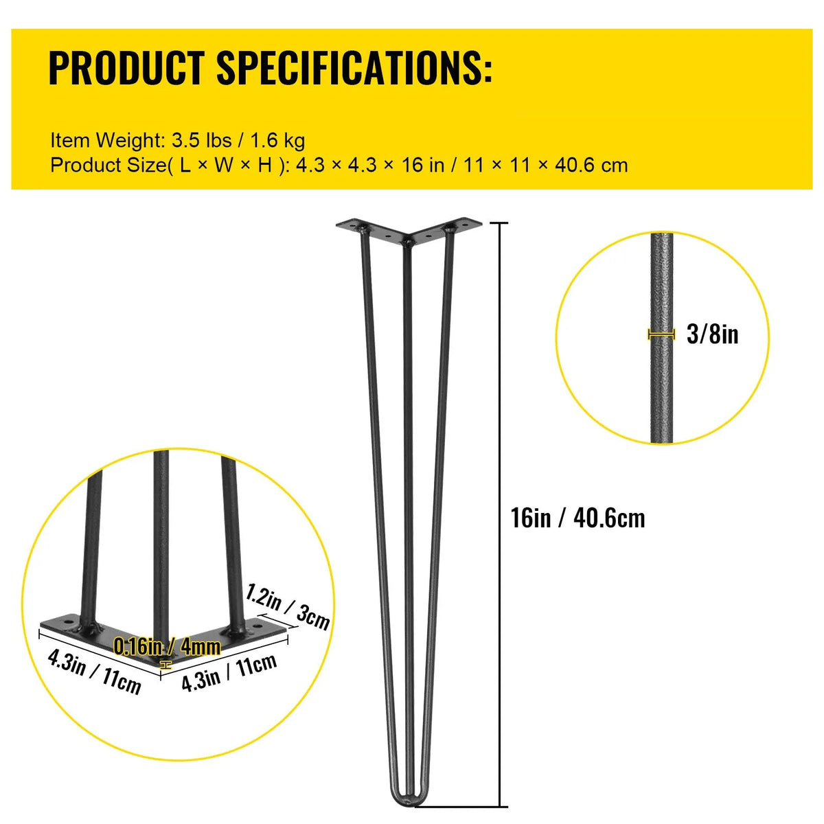 Hairpin Table Legs 16 inch, Set of 4 DIY Desk Table Legs 3 Rods Heavy Duty - Image 7