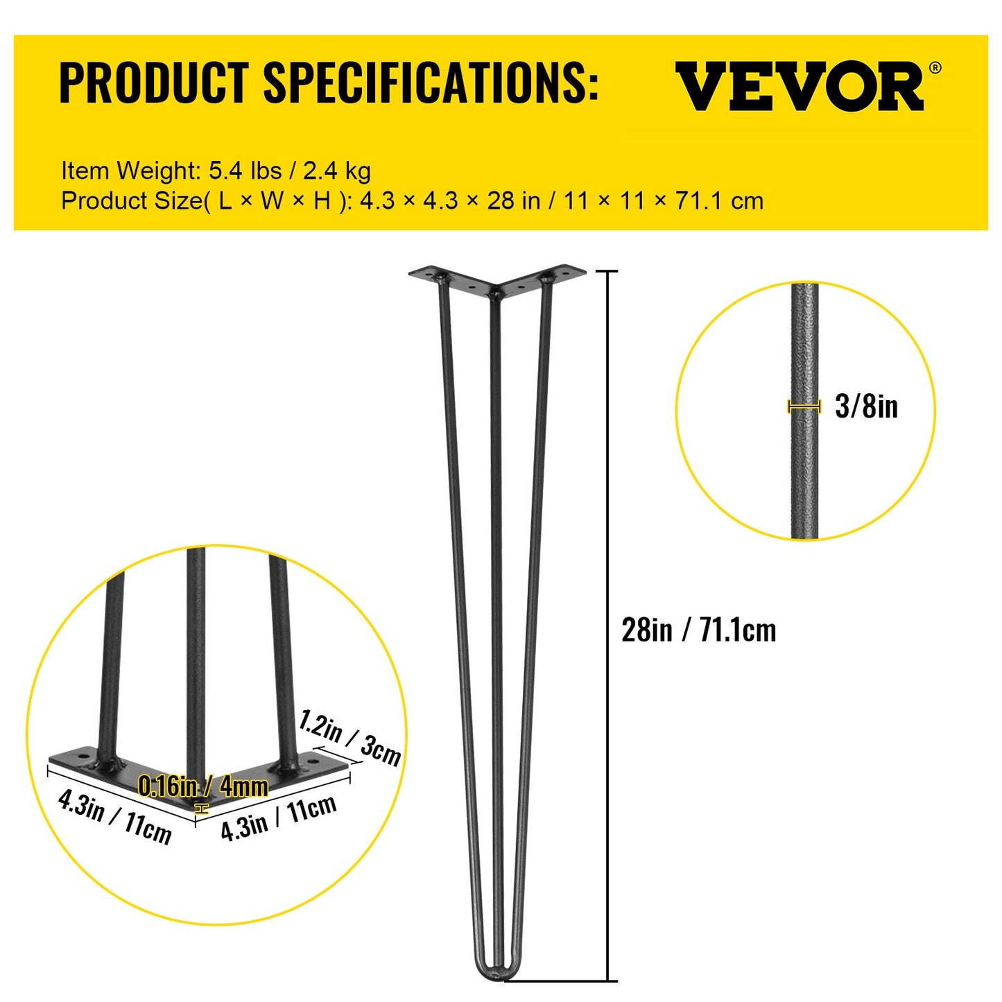 Hairpin Table Legs 28 inch, Set of 4 DIY Desk Table Legs 3 Rods Heavy Duty - Image 7