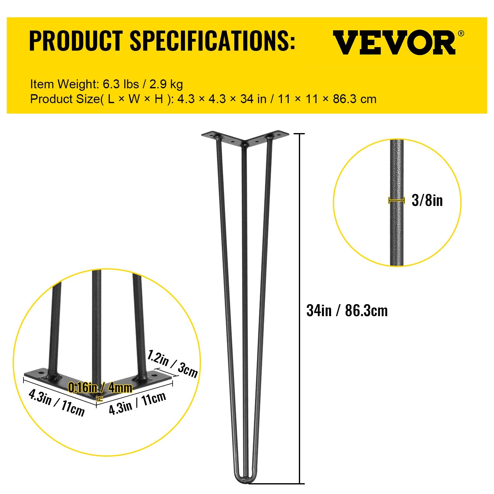 Hairpin Table Legs 34 inch Black Set of 4 Desk Legs Each 220lbs Capacity Hairpin Desk Legs 3 Rods for Bench Desk Dining End Table Chairs Carbon Steel DIY Table Legs Heavy Duty Furniture Legs - Image 7