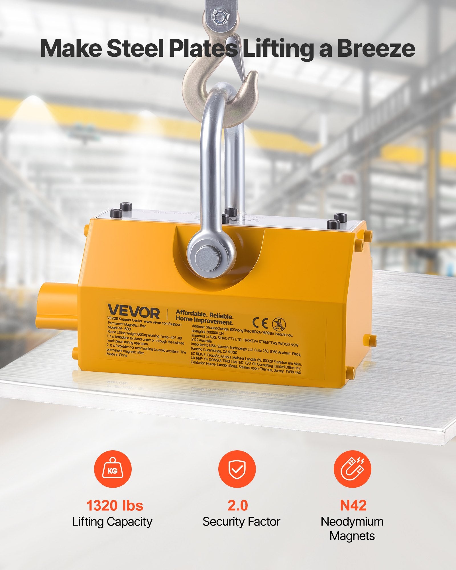 Permanent Magnetic Lifter, 600 kg Pulling Capacity, Heavy Duty N42 Neodymium Lifting Magnet with Release Handle and Steel Hook, Used in Shop Crane and Hoist, for Lifting Plate Steel, Board - Image 2