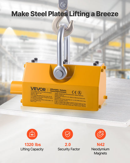 Permanent Magnetic Lifter, 600 kg Pulling Capacity, Heavy Duty N42 Neodymium Lifting Magnet with Release Handle and Steel Hook, Used in Shop Crane and Hoist, for Lifting Plate Steel, Board - Image 2