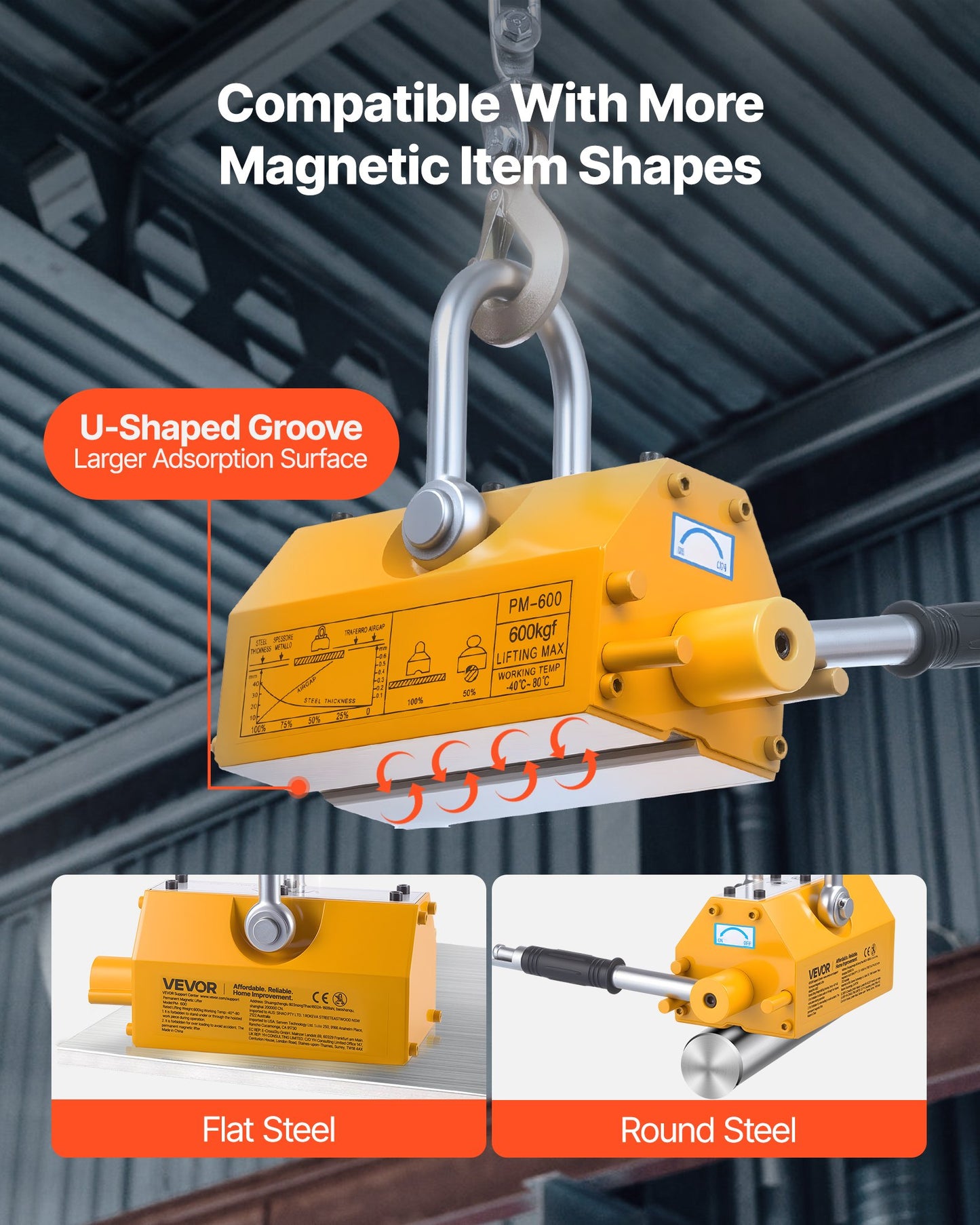 Permanent Magnetic Lifter, 600 kg Pulling Capacity, Heavy Duty N42 Neodymium Lifting Magnet with Release Handle and Steel Hook, Used in Shop Crane and Hoist, for Lifting Plate Steel, Board - Image 6