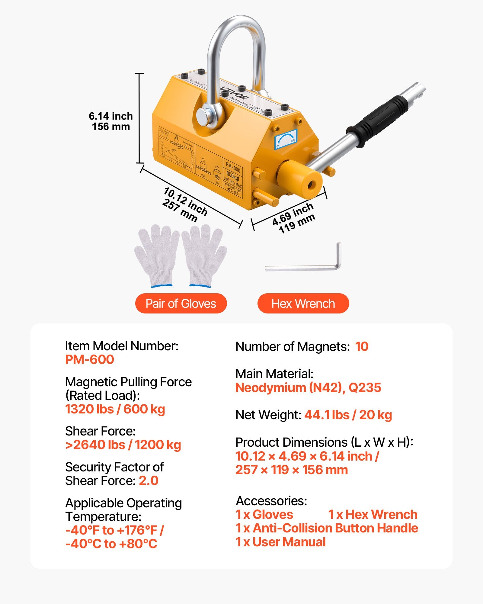 Permanent Magnetic Lifter, 600 kg Pulling Capacity, Heavy Duty N42 Neodymium Lifting Magnet with Release Handle and Steel Hook, Used in Shop Crane and Hoist, for Lifting Plate Steel, Board - Image 7