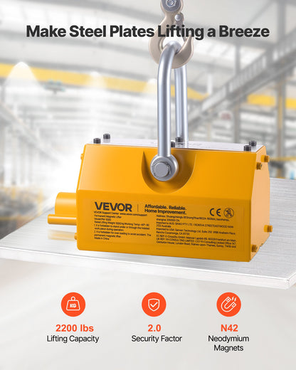 Permanent Magnetic Lifter, 1000 kg Pulling Capacity, Heavy Duty N42 Neodymium Lifting Magnet with Release Handle and Steel Hook, Used in Shop Crane and Hoist, for Lifting Plate Steel, Board - Image 2
