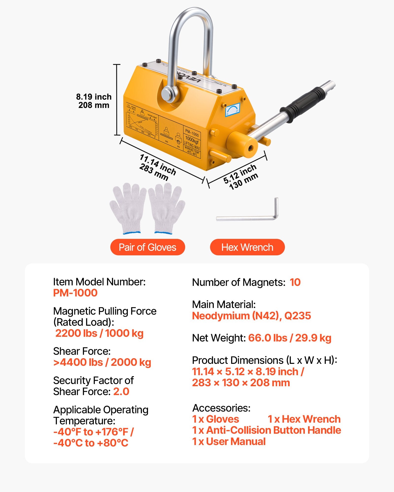 Permanent Magnetic Lifter, 1000 kg Pulling Capacity, Heavy Duty N42 Neodymium Lifting Magnet with Release Handle and Steel Hook, Used in Shop Crane and Hoist, for Lifting Plate Steel, Board - Image 7