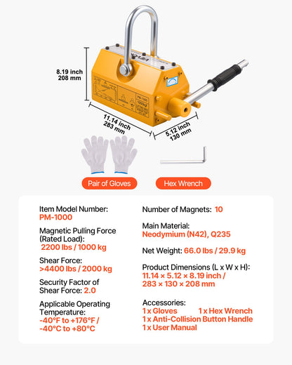 Permanent Magnetic Lifter, 1000 kg Pulling Capacity, Heavy Duty N42 Neodymium Lifting Magnet with Release Handle and Steel Hook, Used in Shop Crane and Hoist, for Lifting Plate Steel, Board - Image 7