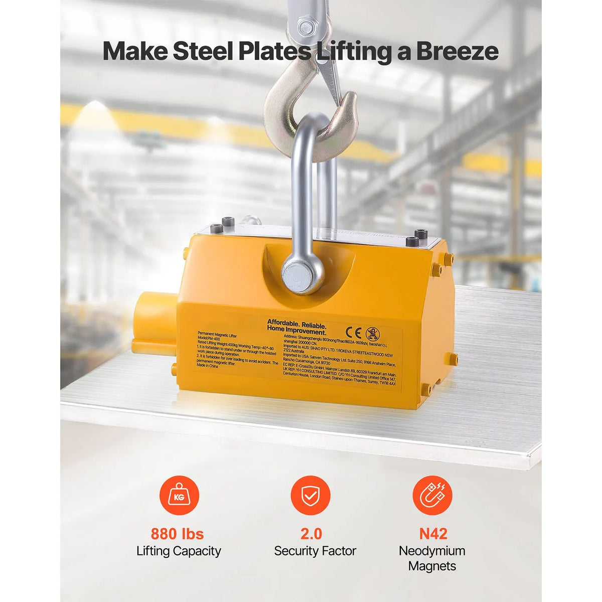 Permanent Magnetic Lifter, 400 kg Pulling Capacity, Heavy Duty N42 Neodymium Lifting Magnet with Release Handle and Steel Hook, Used in Shop Crane and Hoist, for Lifting Plate Steel, Board - Image 2