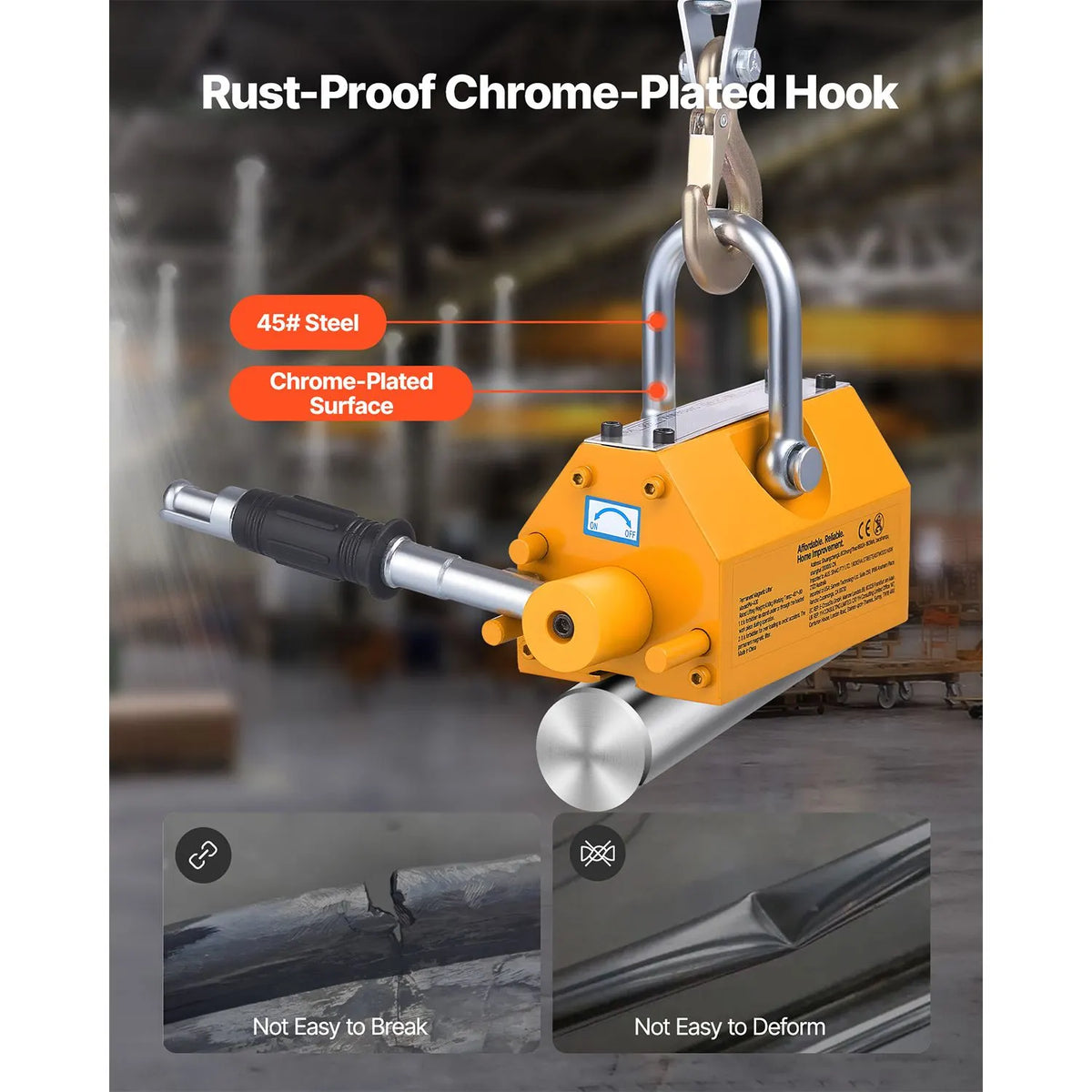 Permanent Magnetic Lifter, 400 kg Pulling Capacity, Heavy Duty N42 Neodymium Lifting Magnet with Release Handle and Steel Hook, Used in Shop Crane and Hoist, for Lifting Plate Steel, Board - Image 4
