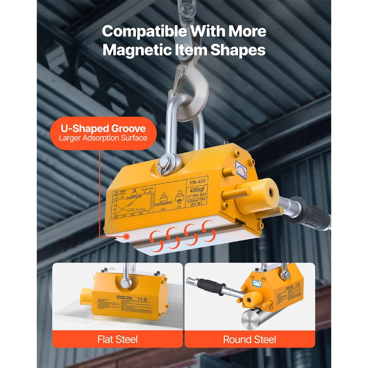 Permanent Magnetic Lifter, 400 kg Pulling Capacity, Heavy Duty N42 Neodymium Lifting Magnet with Release Handle and Steel Hook, Used in Shop Crane and Hoist, for Lifting Plate Steel, Board - Image 6