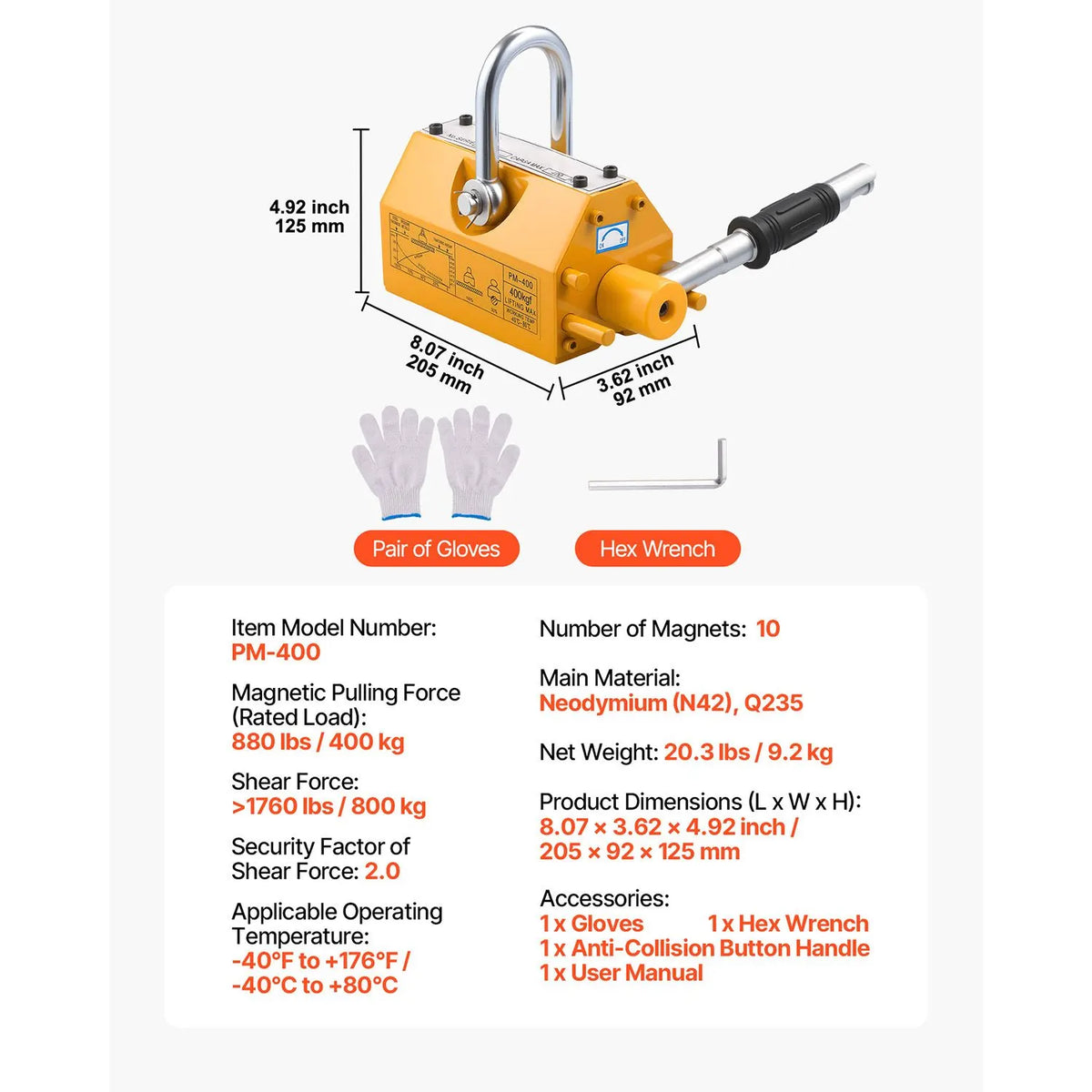 Permanent Magnetic Lifter, 400 kg Pulling Capacity, Heavy Duty N42 Neodymium Lifting Magnet with Release Handle and Steel Hook, Used in Shop Crane and Hoist, for Lifting Plate Steel, Board - Image 7